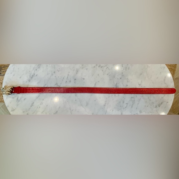 Ostrich Skin belt with Gold Lion Buckle, red, 31”L, EUC - Picture 10 of 12